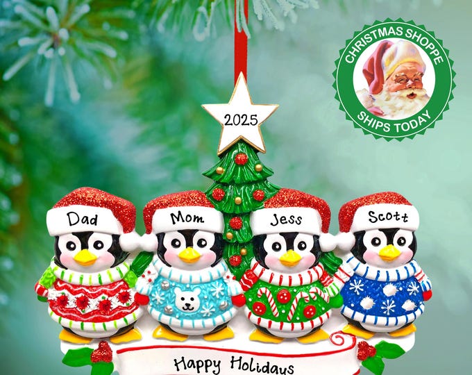 Penguin Ornament - Personalized Family Christmas Ornament 2025 - Family of 4 Penguin Decorating Tree Ornament Custom Gift For Grandparents