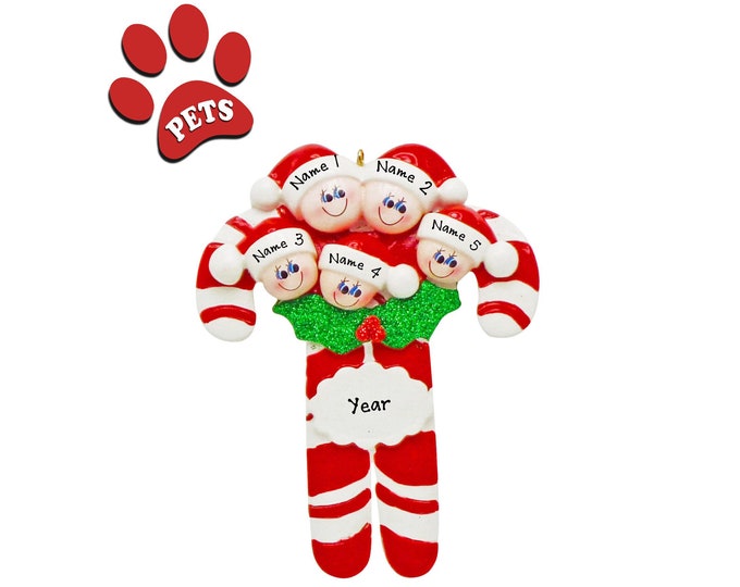 Grandparents Family Christmas Ornament - Our 5 Grandkids Christmas Ornament Personalized 2024 - Candy Cane Ornament -Add Your Pet, Dog, Cat