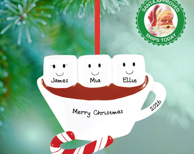 Family of 3 Personalized Hot Chocolate Mug Ornament – Marshmallow Hot Cocoa Christmas Keepsake – Custom Family Ornament 2025