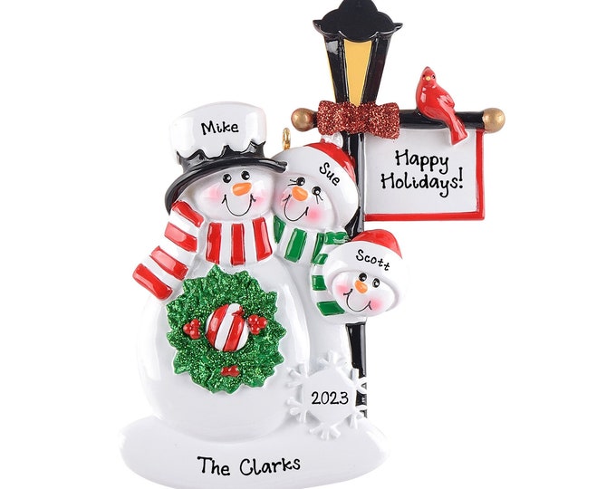Classic Snowman Christmas Ornament Personalized 2023 - Lamp Post Family of 3 Christmas Ornament - Snow Family of Three Grandparents Gift