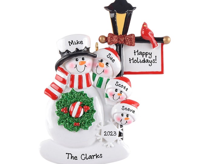 Classic Snowman Christmas Ornament Personalized 2023 - Lamp Post Family of 4 Christmas Ornament - Snow Family of Four Grandparents Gift