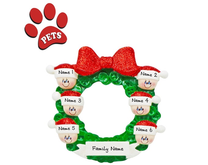 Button Wreath Family of 6 Christmas Ornament Personalized 2024 - Grandkids Personalized Christmas Ornament - Add a Cat, Add a Dog, Add a Pet