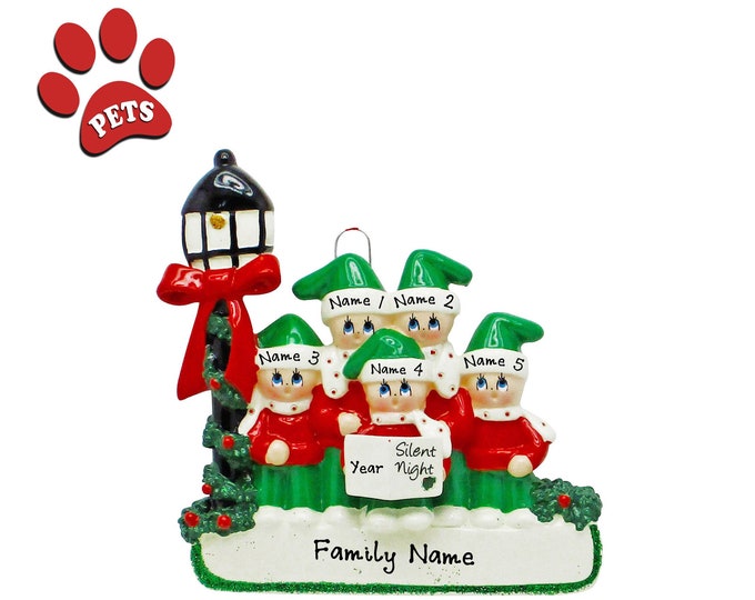 Christmas Carolers Ornament - Family of 5 Ornament - Family Christmas Ornament Personalized 2023 - Grandparent Gift - Add A Pet, Add A Dog