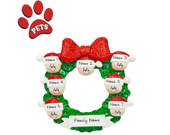 Button Wreath Family of 7 Christmas Ornament Personalized 2024 - Grandkids Personalized Christmas Ornament - Add a Cat, Add a Dog, Add a Pet