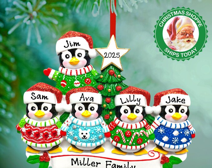 Penguin Ornament - Personalized Family Christmas Ornament 2025 - Family of 5 Penguin Decorating Tree Ornament Custom Gift For Grandparents