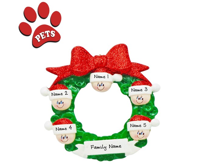 Button Wreath Family of 5 Christmas Ornament Personalized 2024 - Grandkids Personalized Christmas Ornament - Add a Cat, Add a Dog, Add a Pet