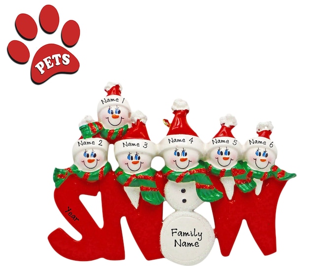 Snowman Ornament - Family of 6 Christmas Ornament Personalized 2024 - Our 6 Grandkids Ornament - Grandparent Christmas Ornament - Add a Pet