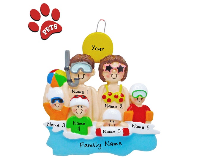Beach Christmas Ornament - Family of 6 Beach Vacation, Family Christmas Ornament, Family Christmas Vacation, Destination Ornament, Add Pet