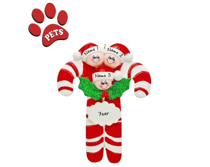 Grandparents Family Christmas Ornament - Our 3 Grandkids Christmas Ornament Personalized 2024 - Candy Cane Ornament -Add Your Pet, Dog, Cat