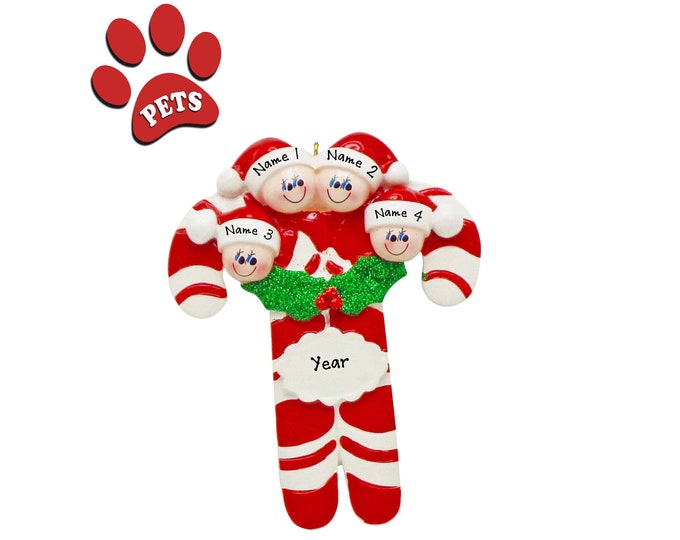 Grandparents Family Christmas Ornament - Our 4 Grandkids Christmas Ornament Personalized 2024 - Candy Cane Ornament -Add Your Pet, Dog, Cat