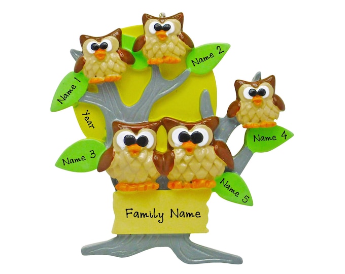 Personalized Owl Ornament - Family of 5 Personalized Christmas Ornament - Owls on Tree Branch Family of 5 Personalized Christmas Ornament