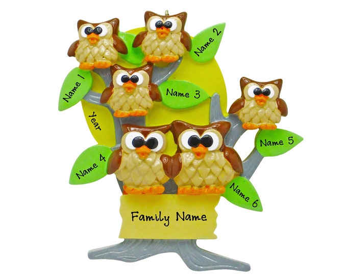 Personalized Owls in Tree Family of 6 Christmas Ornament - Personalized Christmas Ornament Family of 6 Owls  - Family Christmas Ornament