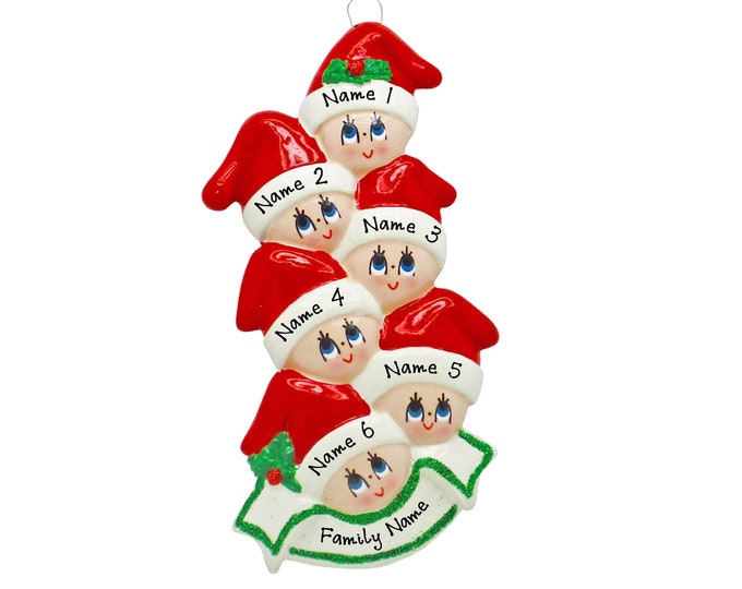 Personalized Santa Hat Elves Family of 6 Christmas Ornament - Personalized Christmas Ornament Family of 6 Elves - Family Christmas Ornament