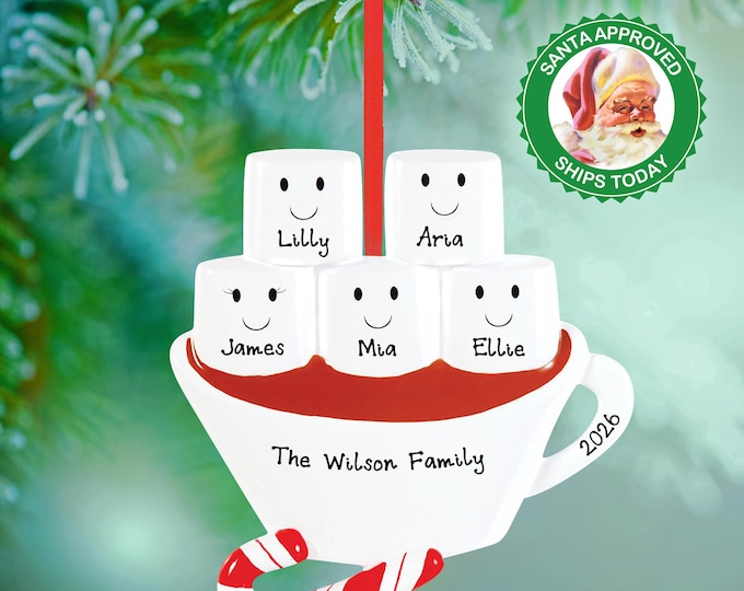 Family of 5 Personalized Hot Chocolate Mug Ornament – Marshmallow Hot Cocoa Christmas Keepsake – Custom Family Ornament 2025
