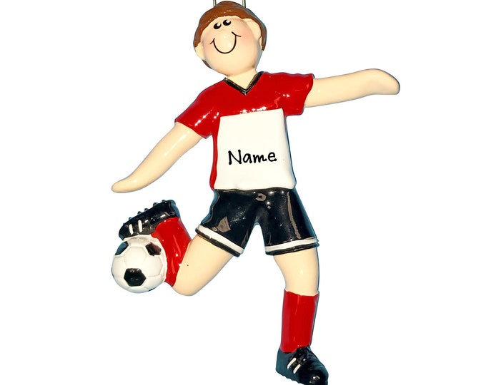 Personalized Soccer Christmas Ornament, Boy Soccer Ornament, Soccer Player Uniform, Boy Kicking Soccer Ball, Custom Soccer Gift For Boys