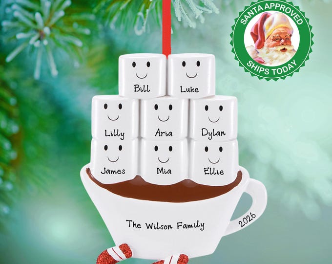 Family of 8 Personalized Hot Chocolate Mug Ornament – Marshmallow Hot Cocoa Christmas Keepsake – Custom Family Ornament 2025