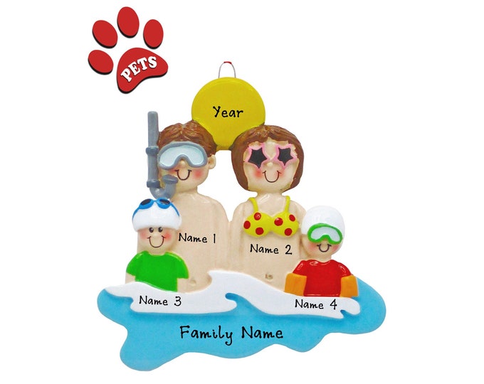 Beach Christmas Ornament - Family of 4 Beach Vacation, Family Christmas Ornament, Family Christmas Vacation, Destination Ornament, Add Pet