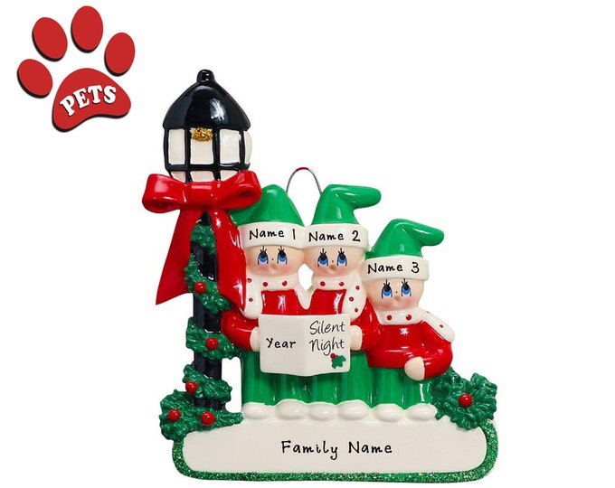 Christmas Carolers Ornament - Family of 3 Ornament - Family Christmas Ornament Personalized 2023 - Grandparent Gift - Add Pet Ornament, Dog