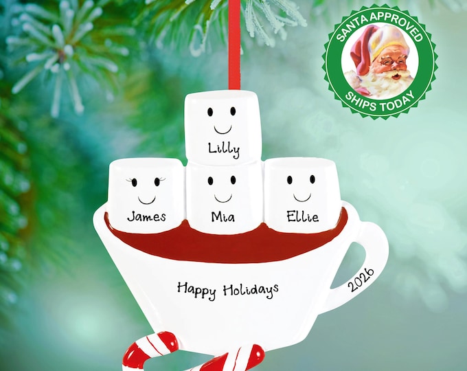Family of 4 Personalized Hot Chocolate Mug Ornament – Marshmallow Hot Cocoa Christmas Keepsake – Custom Family Ornament 2025