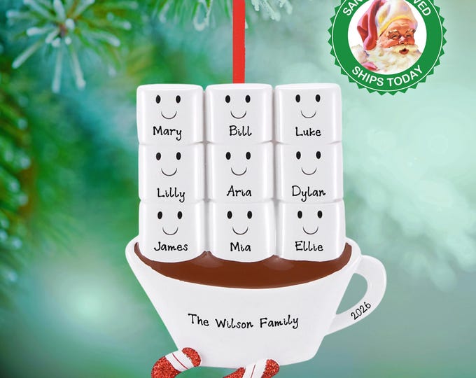 Family of 9 Personalized Hot Chocolate Mug Ornament – Marshmallow Hot Cocoa Christmas Keepsake – Custom Family Ornament 2025