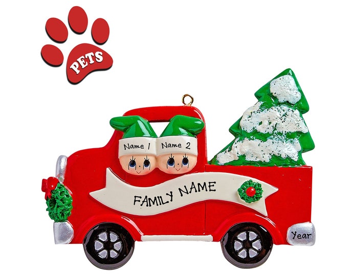 Red Pickup Truck Ornament - Couple Buying Christmas Tree - Pickup Truck Ornament - Couple Christmas Ornament - Couple Road Trip Ornament