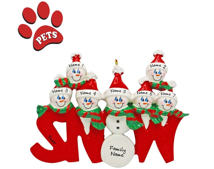 Snowman Ornament - Family of 7 Christmas Ornament Personalized 2023 - Our 7 Grandkids Ornament - Grandparent Christmas Ornament - Add a Dog