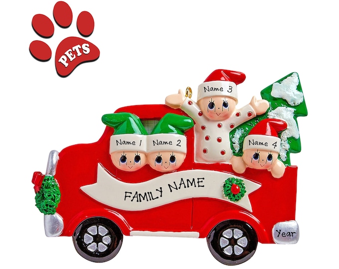 Red Pickup Truck Ornament - Family of 4 Christmas Ornament Personalized - Family Buying Christmas Tree With Name - Family Road Trip, Add Dog