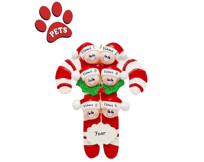 Grandparents Family Christmas Ornament - Our 6 Grandkids Christmas Ornament Personalized 2024 - Candy Cane Ornament -Add Your Pet, Dog, Cat