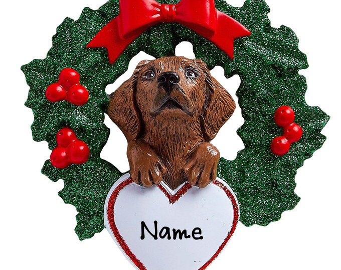 Chocolate Labrador Christmas Ornament / Personalized Dog Lover Ornament / Chocolate Lab Puppy in Christmas Wreath / Gift For New Pet Owners