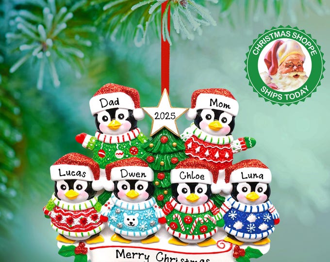 Penguin Ornament - Personalized Family Christmas Ornament 2025 - Family of 6 Penguin Decorating Tree Ornament Custom Gift For Grandparents