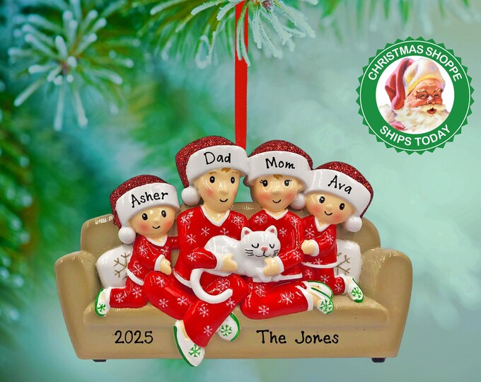 Personalized Family Ornament 2025 - Pajama Family of 4 With Cat Christmas Ornament - Family Christmas Ornament - Christmas Family With Cat