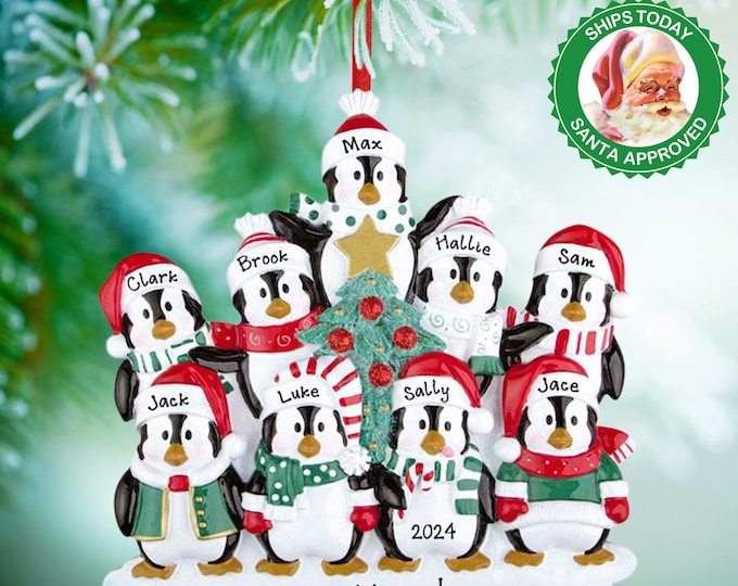 Penguin Ornament - Personalized Family of 9 Christmas Ornament - Family of Nine Penguins Decorating Tree - Custom Gift For Grandparents
