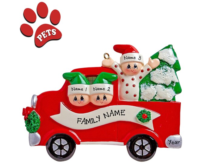 Red Pickup Truck Ornament - Family of 3 Christmas Ornament Personalized - Truck Family Gift With Name - Family Road Trip Ornament, Add A Dog