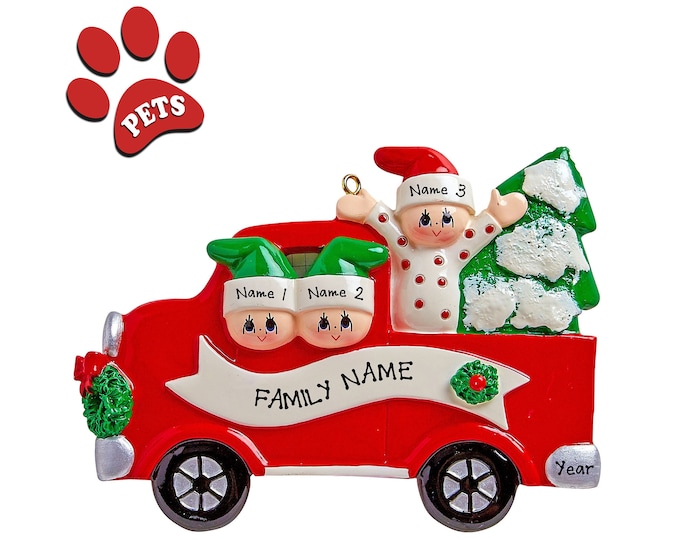 Red Pickup Truck Ornament - Family of 3 Christmas Ornament Personalized - Family Buying Christmas Tree With Name - Family Road Trip, Add Dog