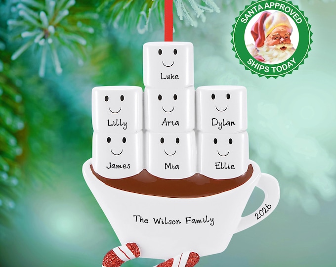 Family of 7 Personalized Hot Chocolate Mug Ornament – Marshmallow Hot Cocoa Christmas Keepsake – Custom Family Ornament 2025