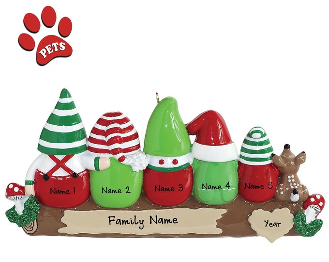 2025 Christmas Gnomes – Family of 5 Elves Ornament - Idle Gnomes Ornament - Personalized Family of 5 Christmas Ornament, Add a Dog, Cat, Pet