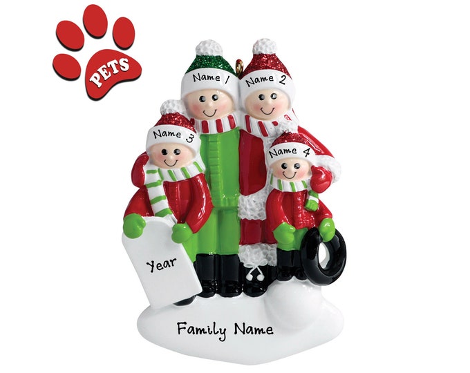Snow Sled Christmas Ornament - Family Christmas Ornament - Family of 4 Personalized Christmas Ornament - Family Playing In Snow - Add A Pet