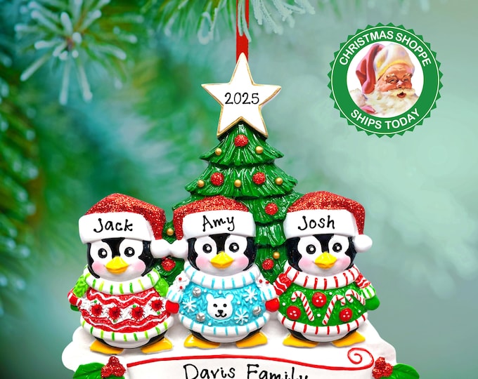 Penguin Ornament - Personalized Family Christmas Ornament 2025 - Family of 3 Penguin Decorating Tree Ornament Custom Gift For Grandparents