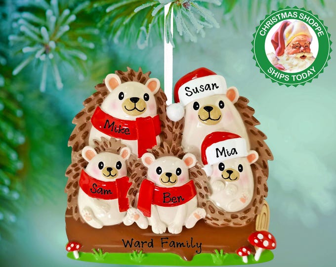 Hedgehog Family of 5 Personalized Christmas Ornament - Hedgehog Family Christmas Ornaments - Personalized Gift For Family of Five Ornament