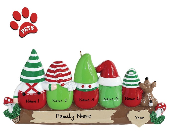 2023 Christmas Gnomes – Family of 5 Elves Ornament - Idle Gnomes Ornament - Personalized Family of 5 Christmas Ornament, Add a Dog, Cat, Pet