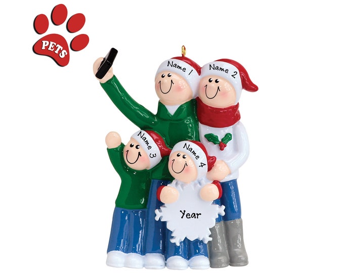 Selfie Ornament - Family of 4 Taking Selfie on Vacation - Family Christmas Ornament Personalized 2024, Gift for World Traveler's - Add a Pet