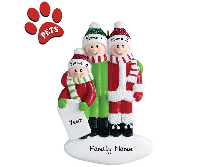 Snow Sled Christmas Ornament - Family Christmas Ornament - Family of 3 Personalized Christmas Ornament - Family Playing In Snow - Add A Pet