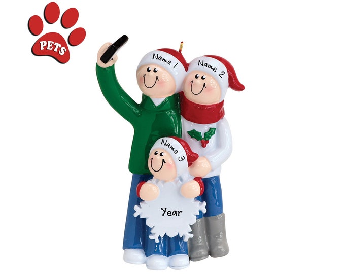 Selfie Ornament - Family of 3 Taking Selfie on Vacation - Family Christmas Ornament Personalized 2024, Gift for World Traveler's - Add a Pet