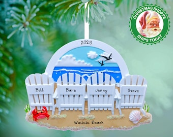 Personalized Beach Chair Ornament - Girl's Beach Trip - Family of 4 on Christmas Vacation - Trip To Beach Christmas Ornament, Nautical Décor