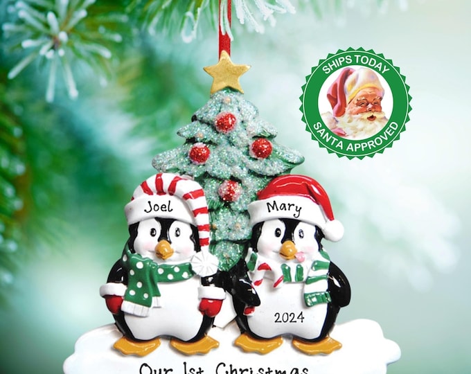 Penguin Couple Christmas Ornament - Couple Decorating Christmas Tree - Penguin Family of 2 Personalized Ornament With Name, Gift For Couples