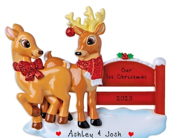 Reindeer Couple Christmas Ornament - Our First Christmas Married as Mr and Mrs - Personalized Couples Christmas Ornament With Name Gift