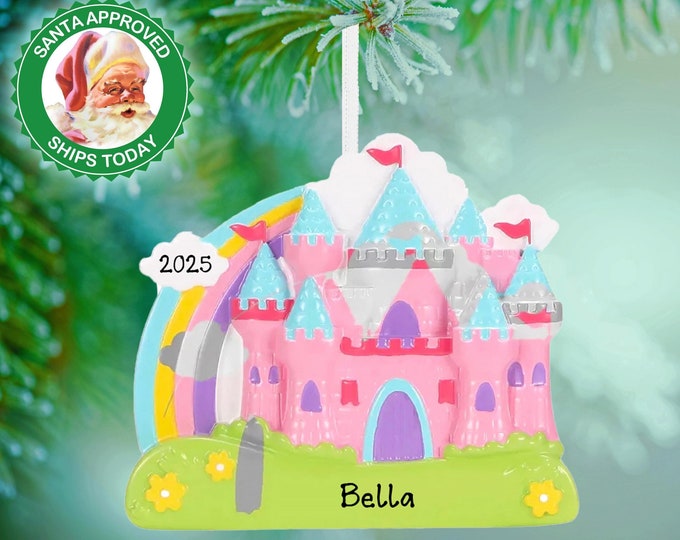 Personalized Rainbow Castle Christmas Ornament - Princess Castle Ornament For Toddler - Little Girl's Pink Castle Ornament With Custom Name