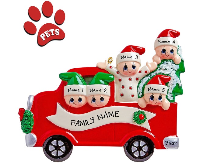 Red Pickup Truck Ornament - Family of 5 Christmas Ornament Personalized - Family Buying Christmas Tree With Name - Family Road Trip, Add Dog
