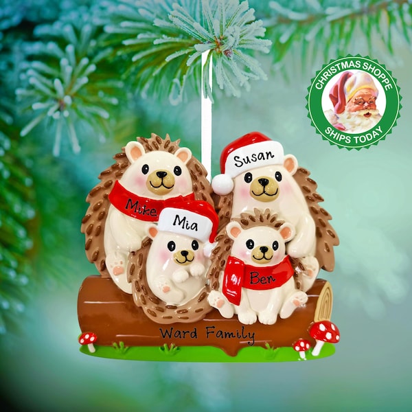Hedgehog Family of 4 Personalized Christmas Ornament - Hedgehog Family Christmas Ornaments - Personalized Gift For Family of Four Ornament