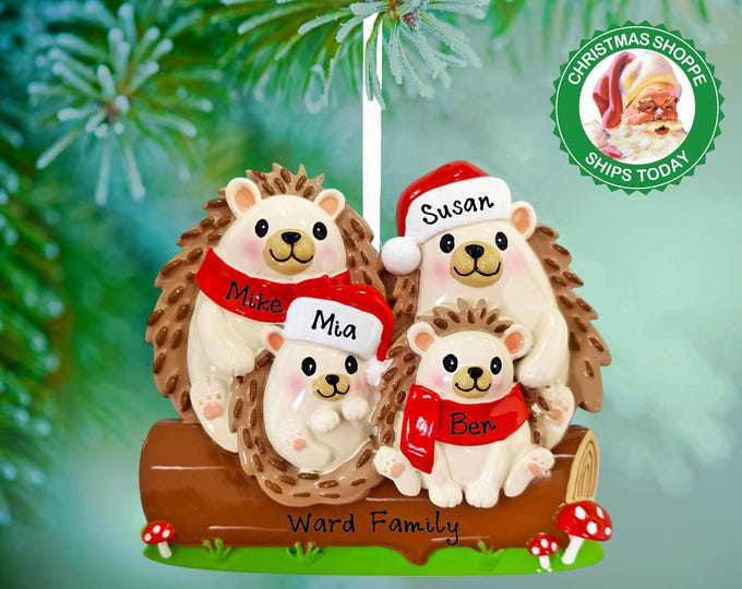 Hedgehog Family of 4 Personalized Christmas Ornament - Hedgehog Family Christmas Ornaments - Personalized Gift For Family of Four Ornament